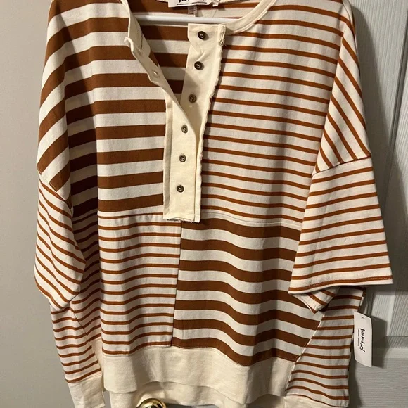 NWT Three Bird Nest Cream and Brown Striped Button-Down Shirt - Picture 3 of 4